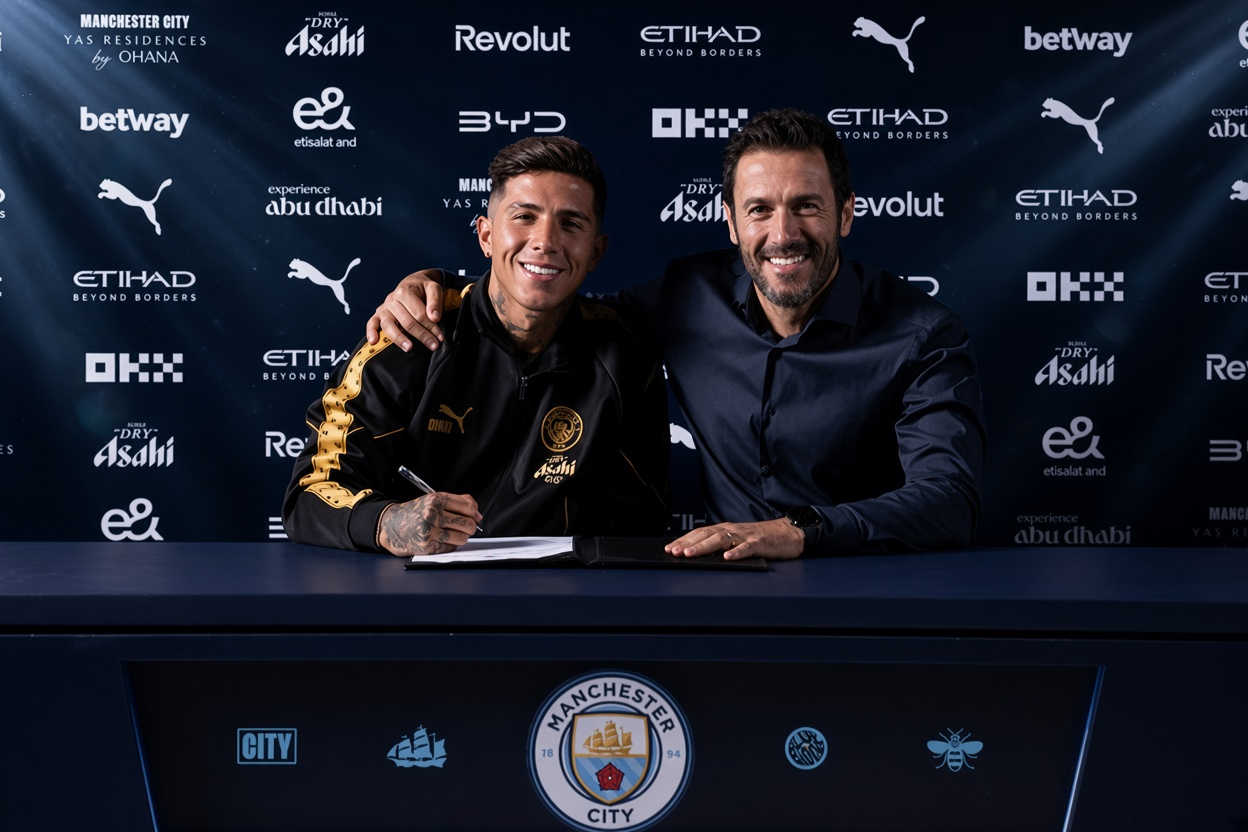 Enzo Fernandez ketika dikenalkan sebagai pemain baru Manchester City